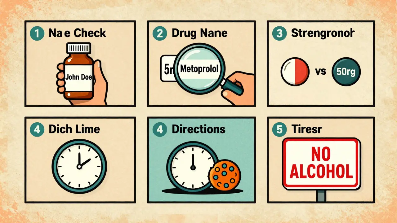 Five illustrated steps for reading a medication label in vintage comic panel style, showing name, drug, strength, directions, and warnings.