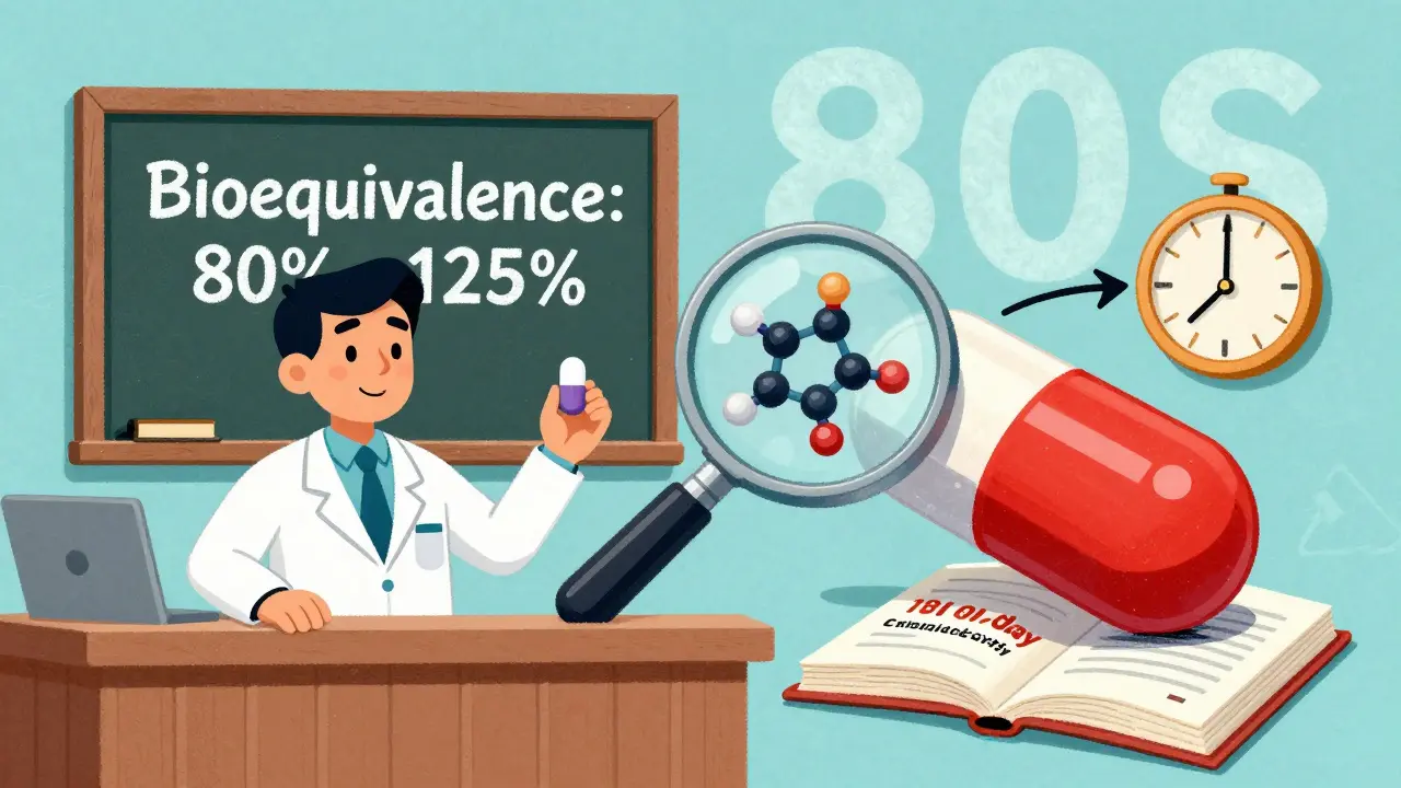 Generic vs brand drug showdown with bioequivalence chart and Orange Book, 1980s cartoon style