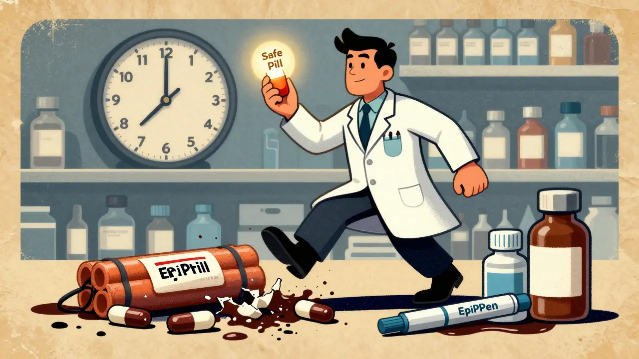 Hero in lab coat saving safe pills while avoiding dangerous expired medications on a shelf.