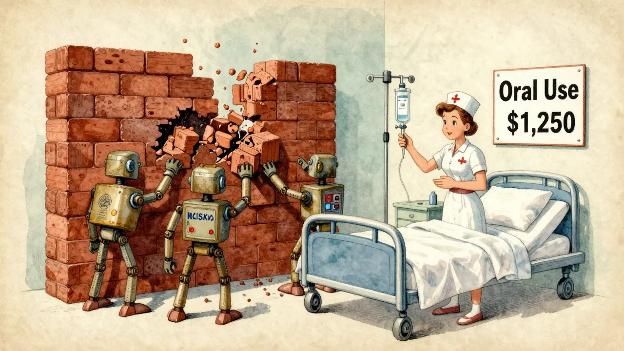 ICU scene with echinocandin robots breaking down fungal wall, IV drip, and high price tag in vintage medical style.
