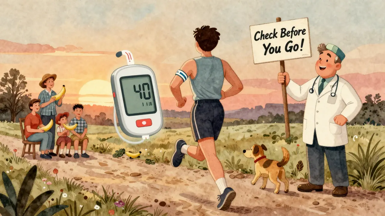 Jogger with glucose monitor and doctor advising safe exercise at sunset.