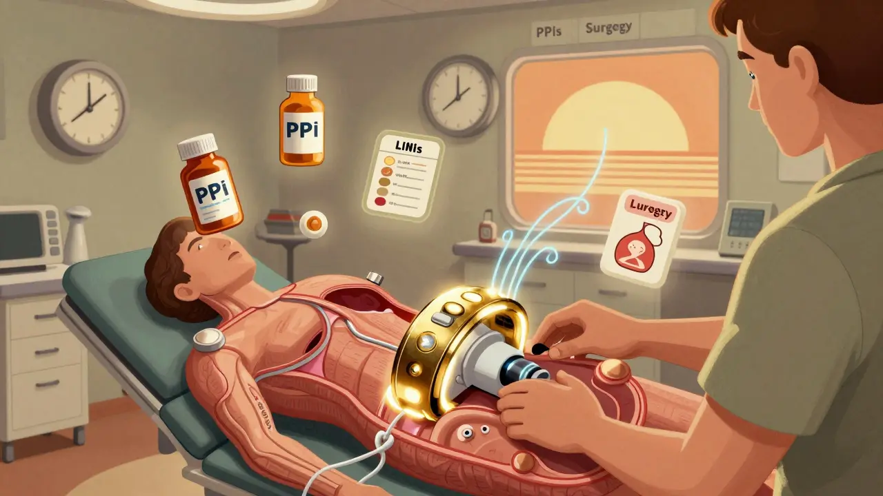 LINX device implant illustrated as a magnetic bracelet around the esophagus with health icons floating nearby.