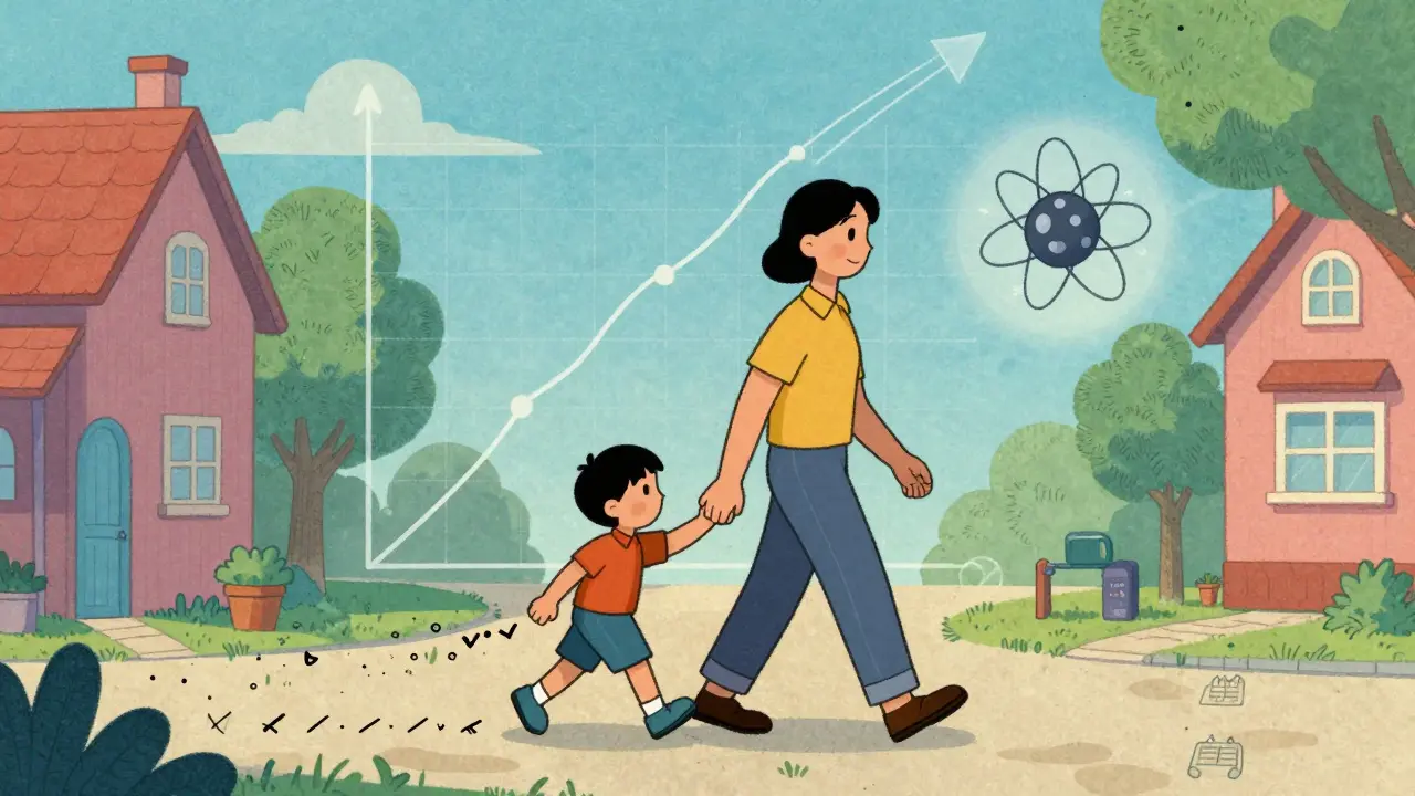 Parent and child walking with progress icons and non-stimulant molecule in vintage illustration