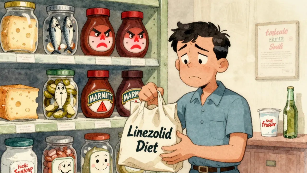 Patient holding a grocery bag as a surreal pantry of angry aged foods looms behind them, with fresh items smiling peacefully.