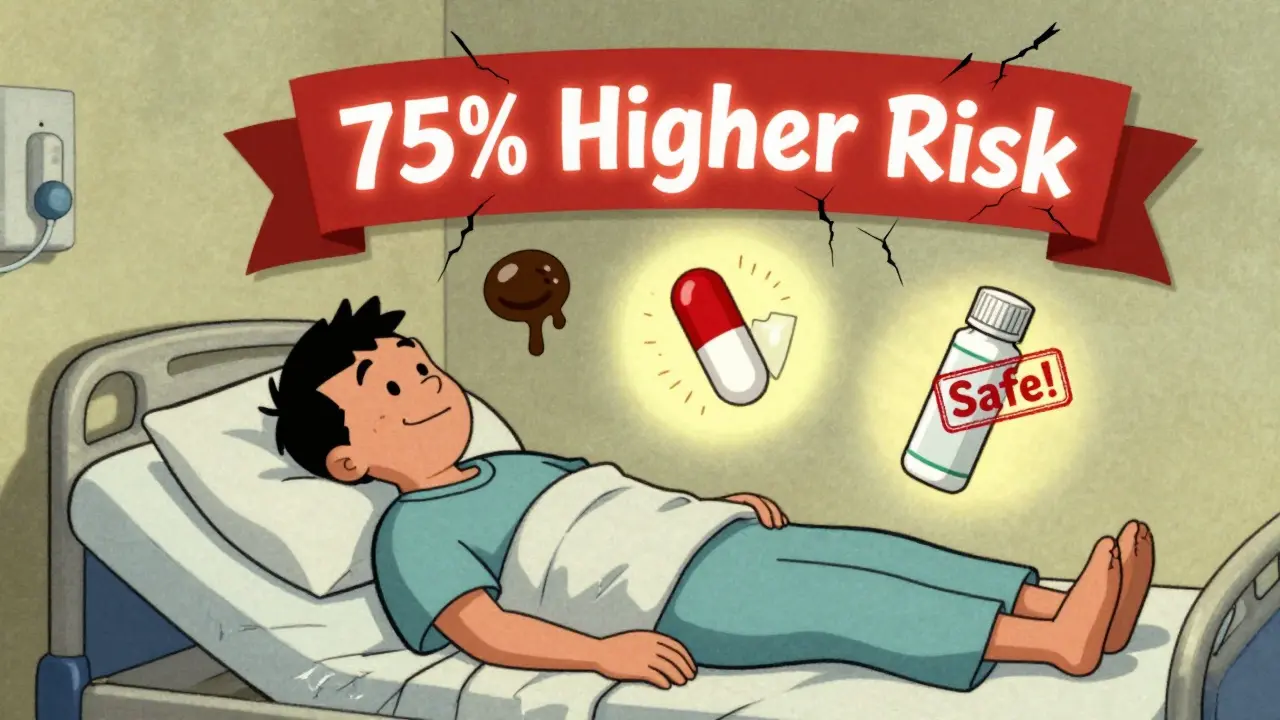 Patient in hospital bed surrounded by symbols of GI bleed risk and safe alternatives.