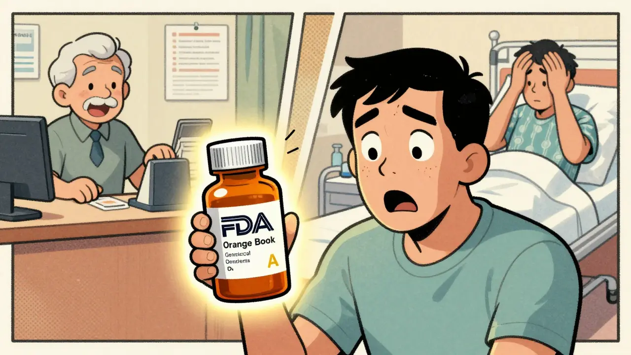 Patient shocked by changed medication bottle, with FDA Orange Book and contrasting outcomes shown in background.