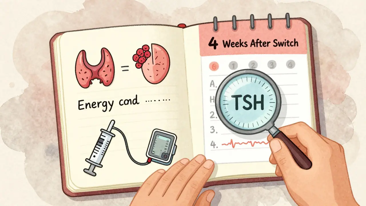 Person journaling symptoms with medical doodles and a calendar showing 4 weeks after switching to generic medication.