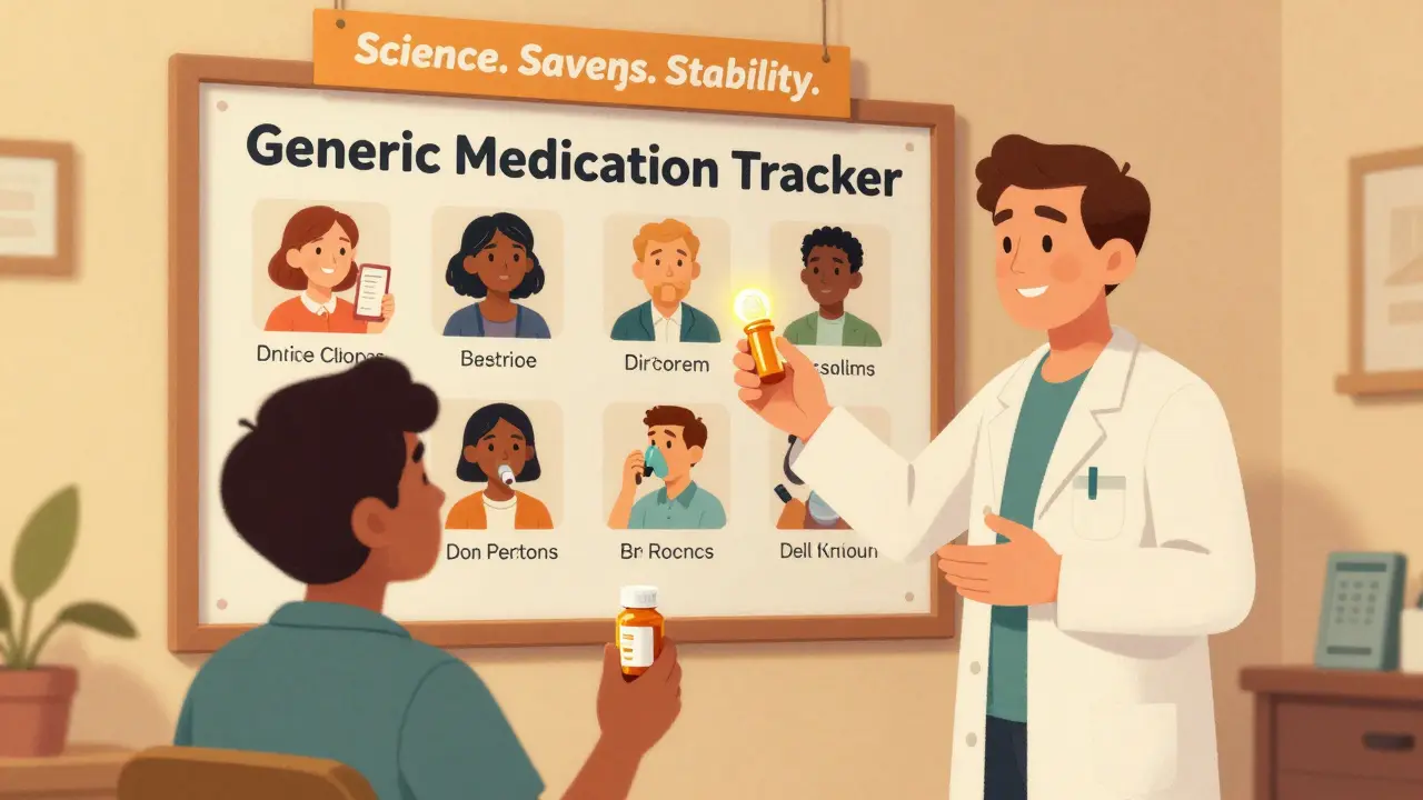 Pharmacist handing a generic pill bottle while pointing to a wall chart of happy patients on maintenance meds.