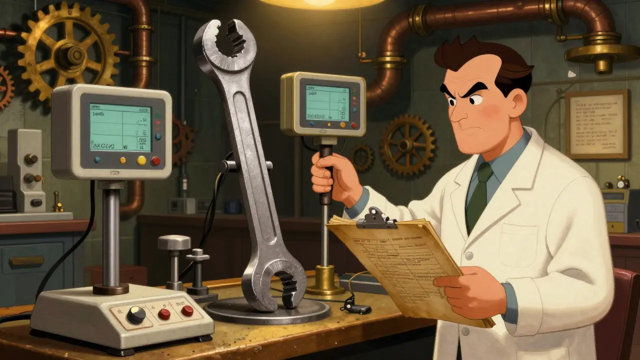 Quality inspector checking anthropomorphic measuring tools on a medical device assembly line.