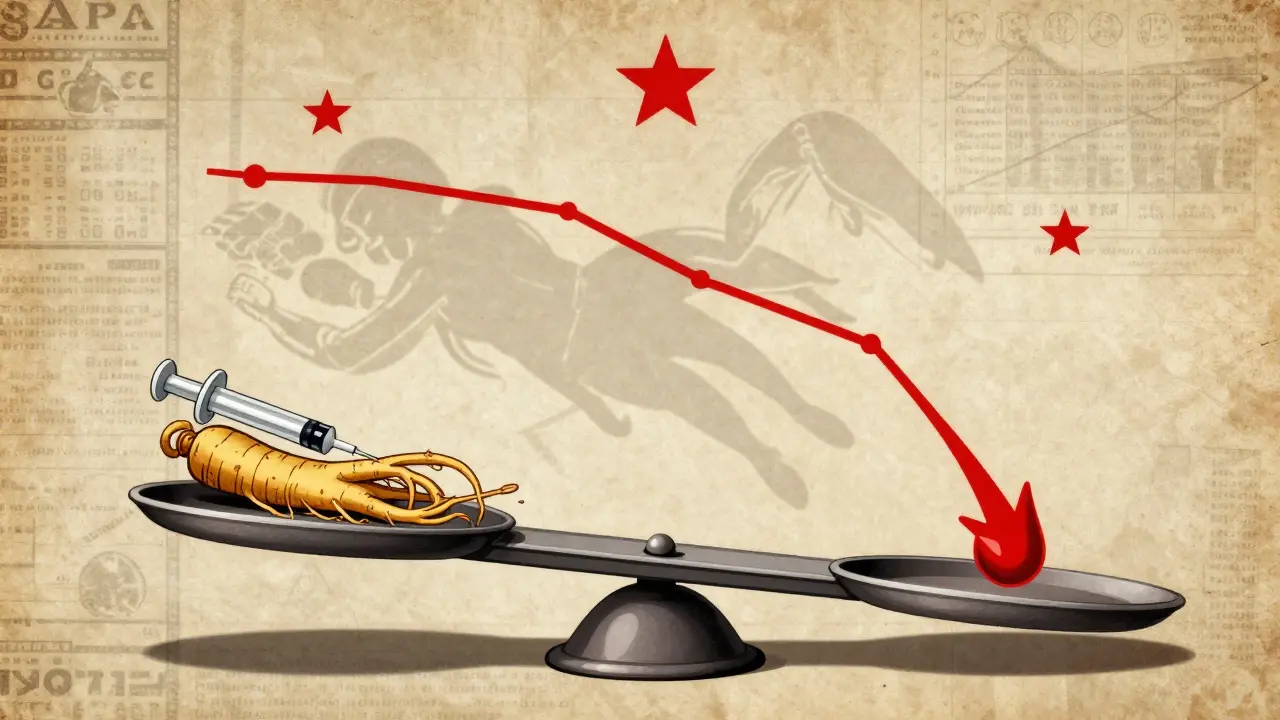 Scale tipping under ginseng and insulin, with blood sugar graph plummeting and warning symbols.