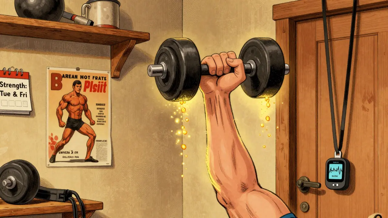 Someone doing strength training at home with glucose-absorbing muscles and a CGM.