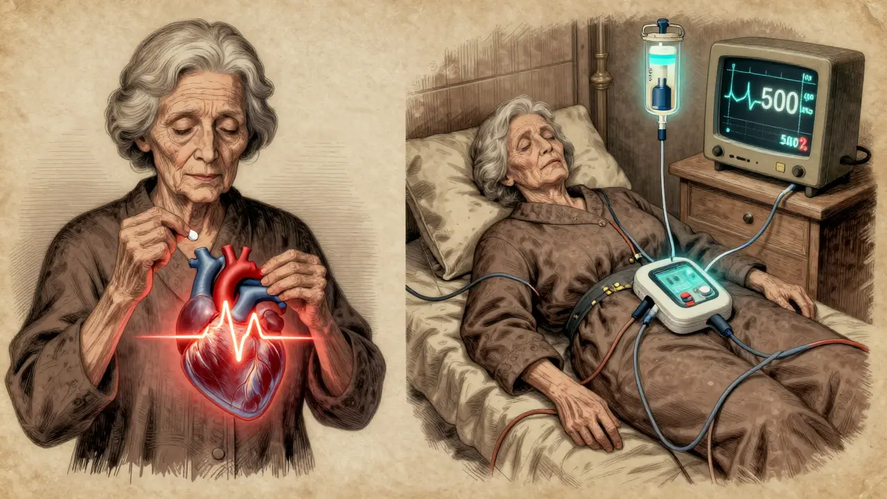 Split illustration: a woman taking a pill vs. her stabilized heart with IV and pacemaker, in neo-vintage medical art style.