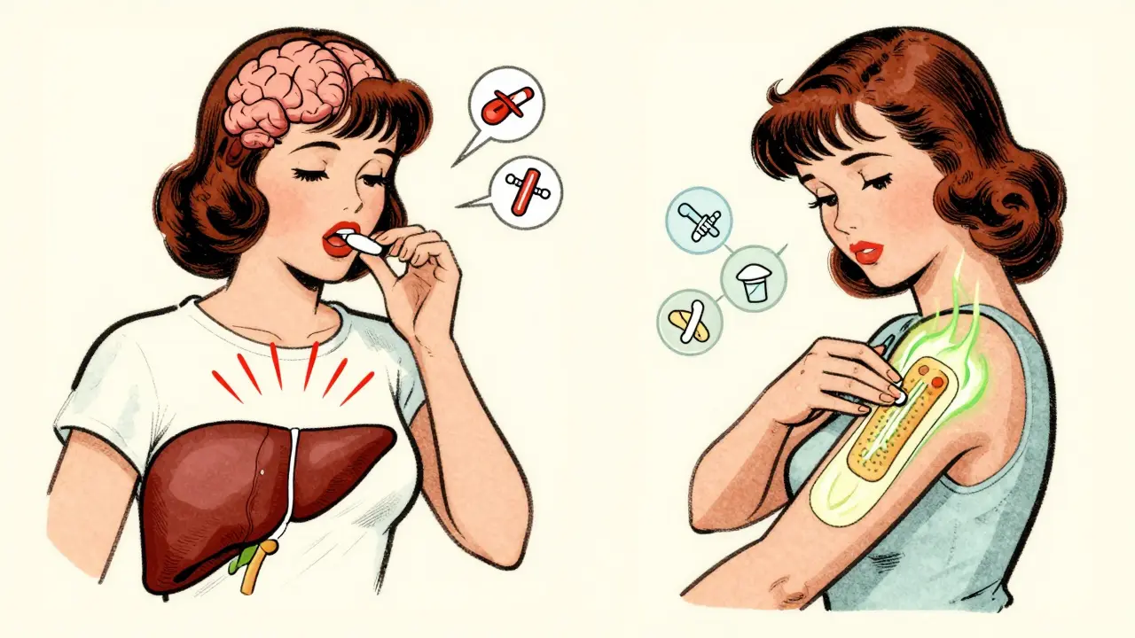 Split illustration comparing oral pills with liver risks vs. transdermal gel with safe bloodstream flow.