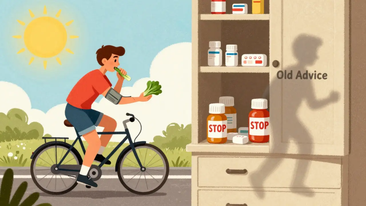 Split scene: healthy lifestyle on one side, discarded aspirin bottles on the other, fading old advice.