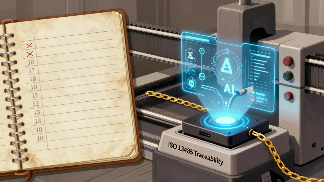 Split scene: old paper logs vs. glowing IoT sensor connected by a traceability chain.