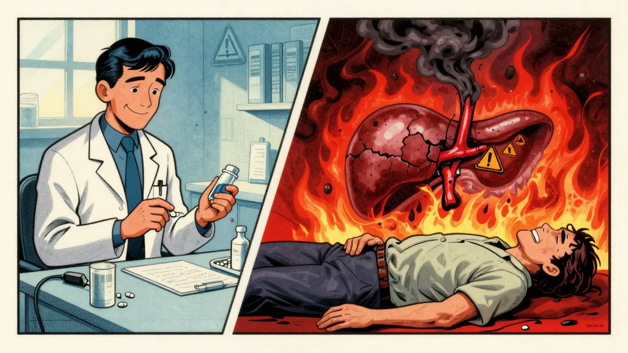 Split scene: peaceful doctor prescribing pills vs. patient in pain with a damaged pancreas, vintage medical poster style.