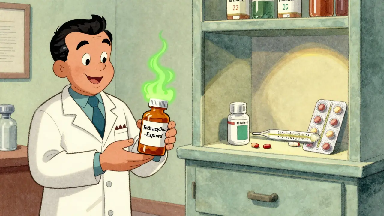 Split scene: toxic expired tetracycline vs. properly stored pills in a vintage pharmacy setting.