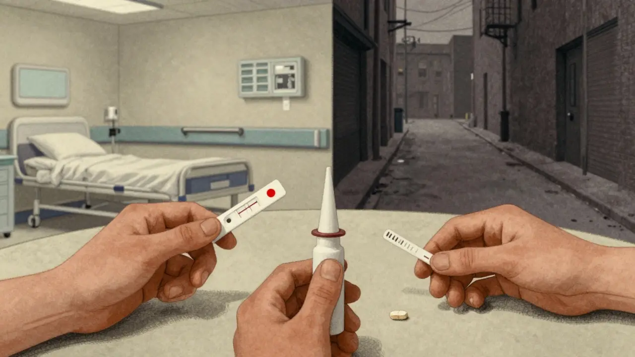 Three hands reach for test strips, Narcan, and a dangerous pill, set against hospital and alley scenes in vintage cartoon style.