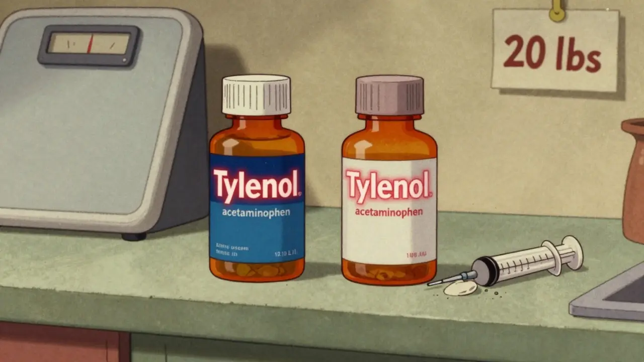Two medicine bottles on a counter revealing overlapping acetaminophen ingredients, with a scale and measuring syringe nearby.