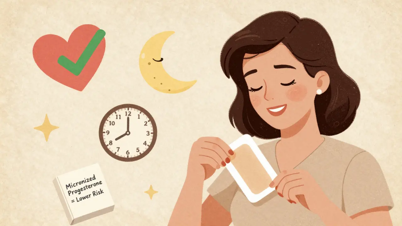 Woman applying a dual-hormone patch with health icons in neo-vintage 1970s medical illustration style.