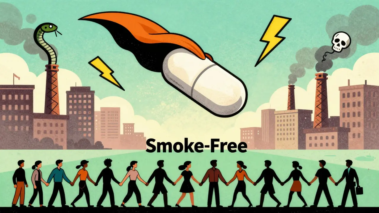 A bupropion pill hero avoiding dangers like MAOIs and alcohol, guiding people to a smoke-free future.