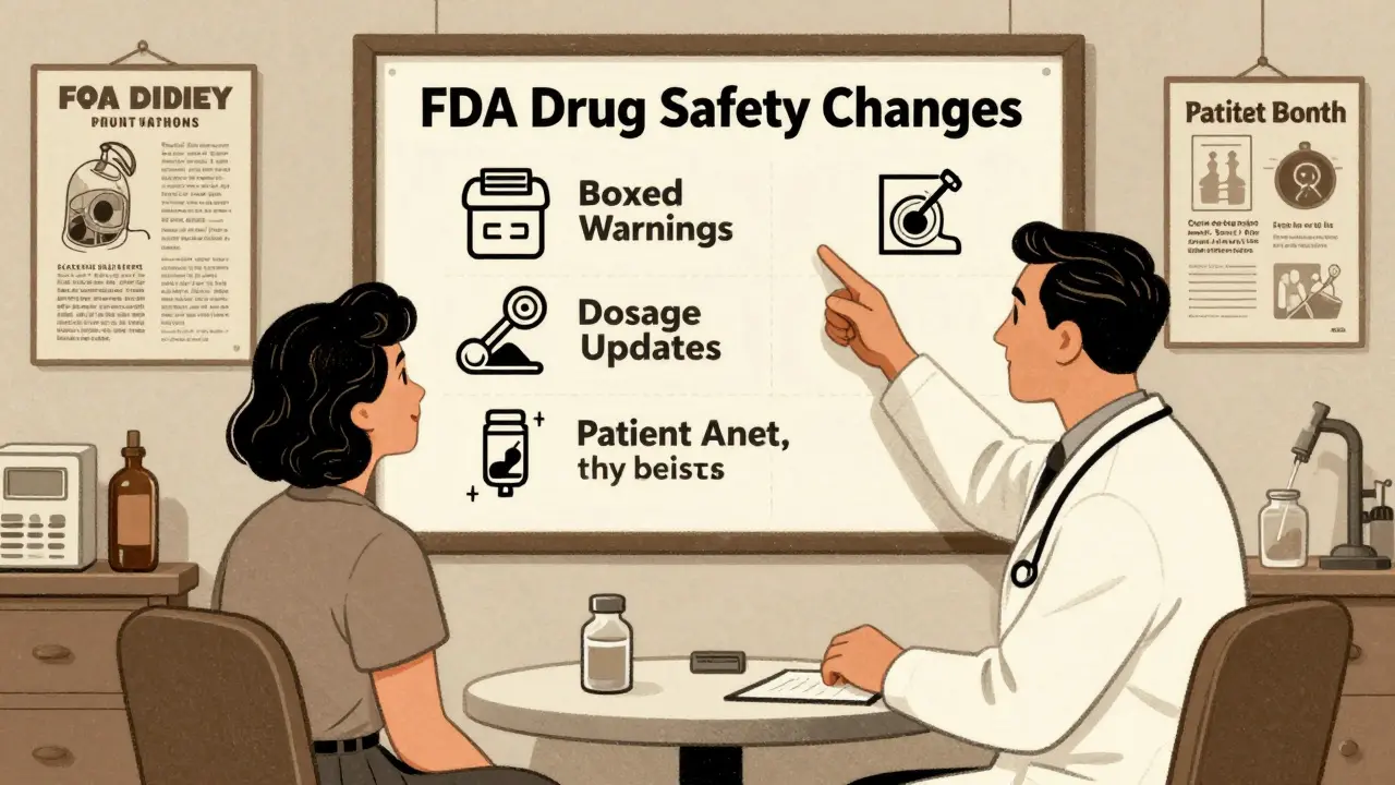 A doctor and patient discussing a drug safety chart in a retro-style clinic.