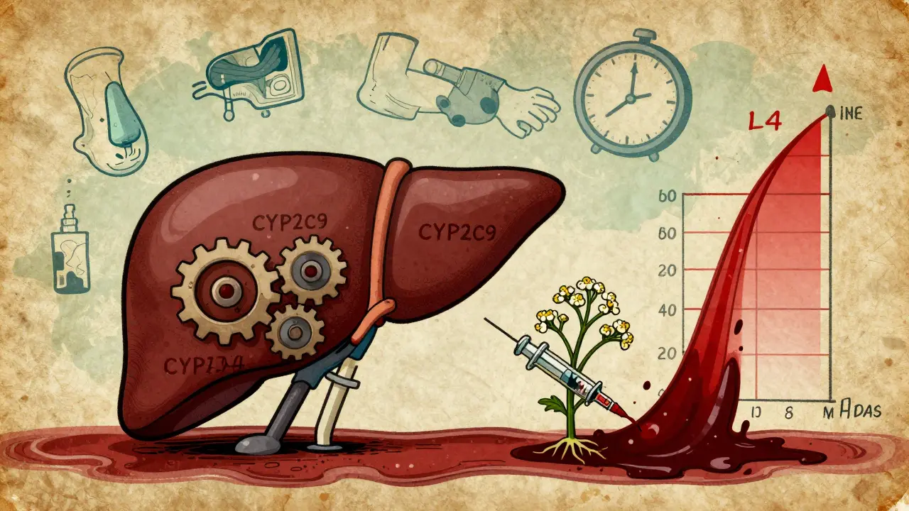 A liver with cogs blocked by feverfew roots, spilling red fluid into blood vessels while a coagulation chart spikes.
