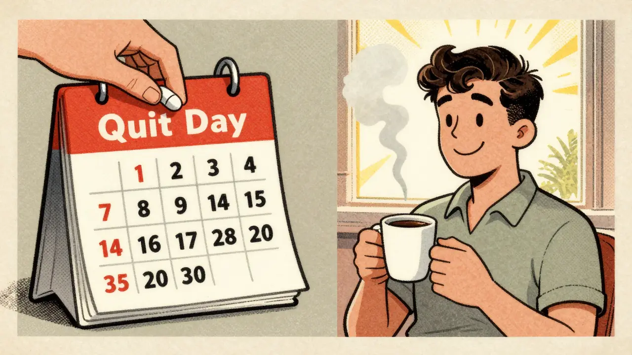 A person taking bupropion over two weeks, transitioning from smoking to smoke-free life in retro cartoon style.