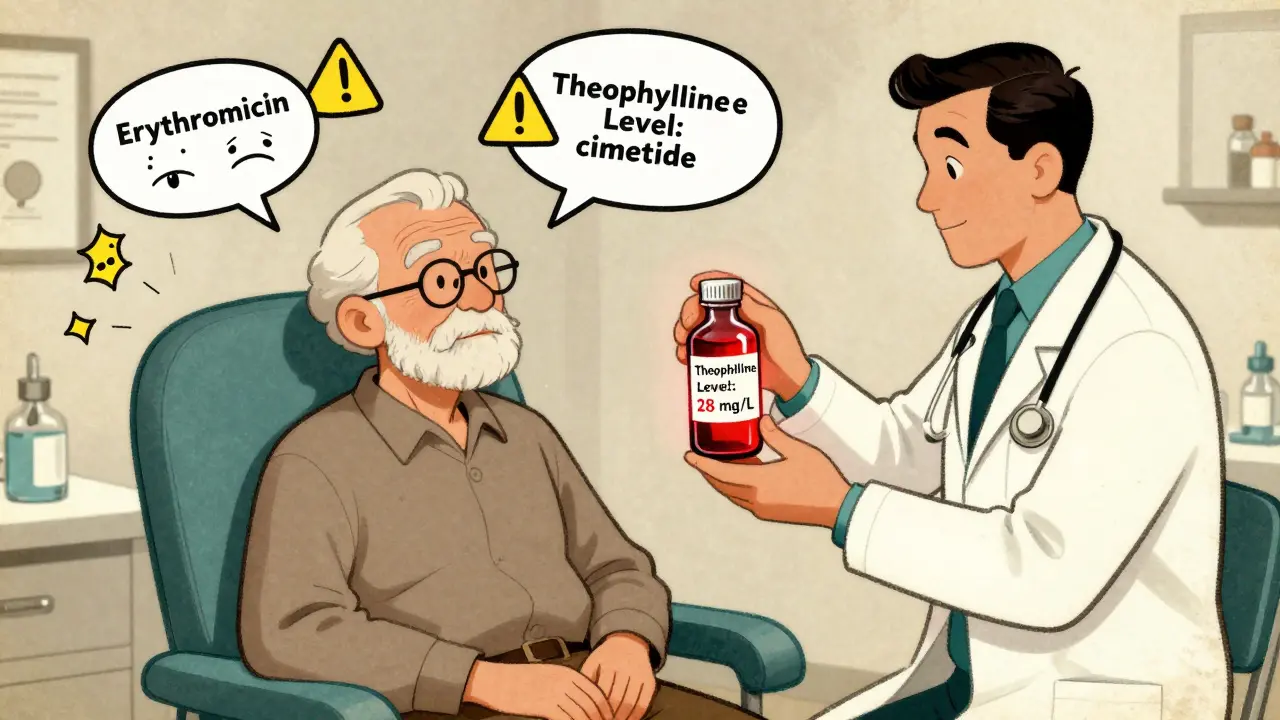 An elderly patient in a clinic with a blood vial showing toxic theophylline level, surrounded by floating drug interaction icons.