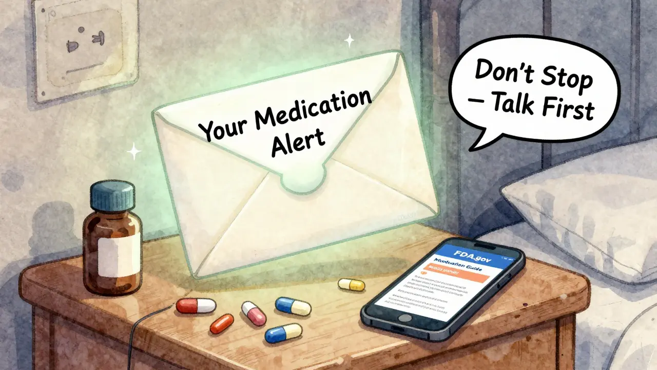 An FDA alert envelope hovering over pills and a highlighted medication guide with a warning message.