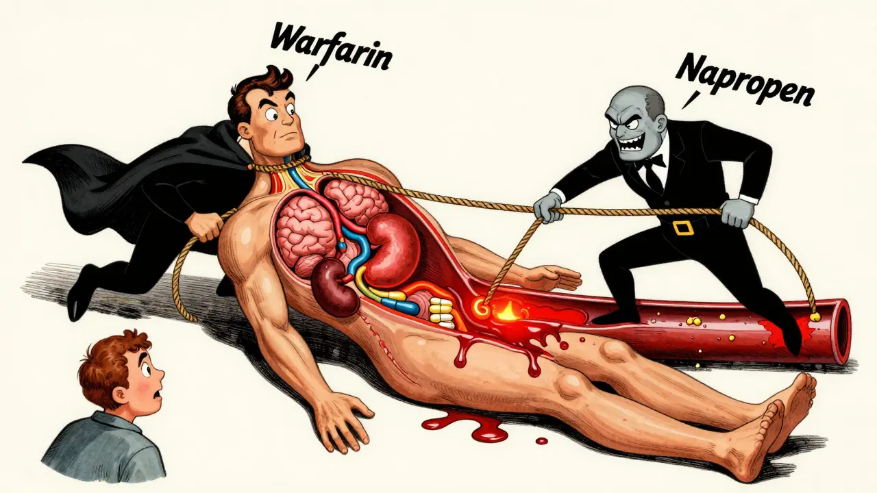 Cartoon anatomy diagram showing two villainous pills pulling on a bleeding artery, with a worried patient watching.