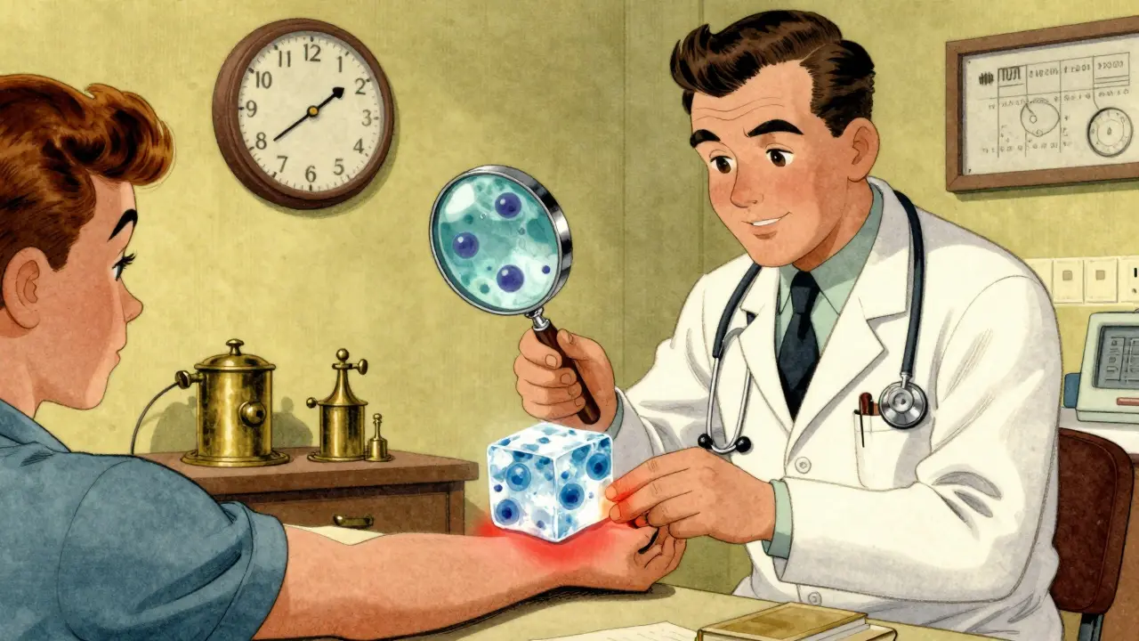 Doctor testing skin with an ice cube as a raised welt forms, in a retro medical setting with vintage instruments.