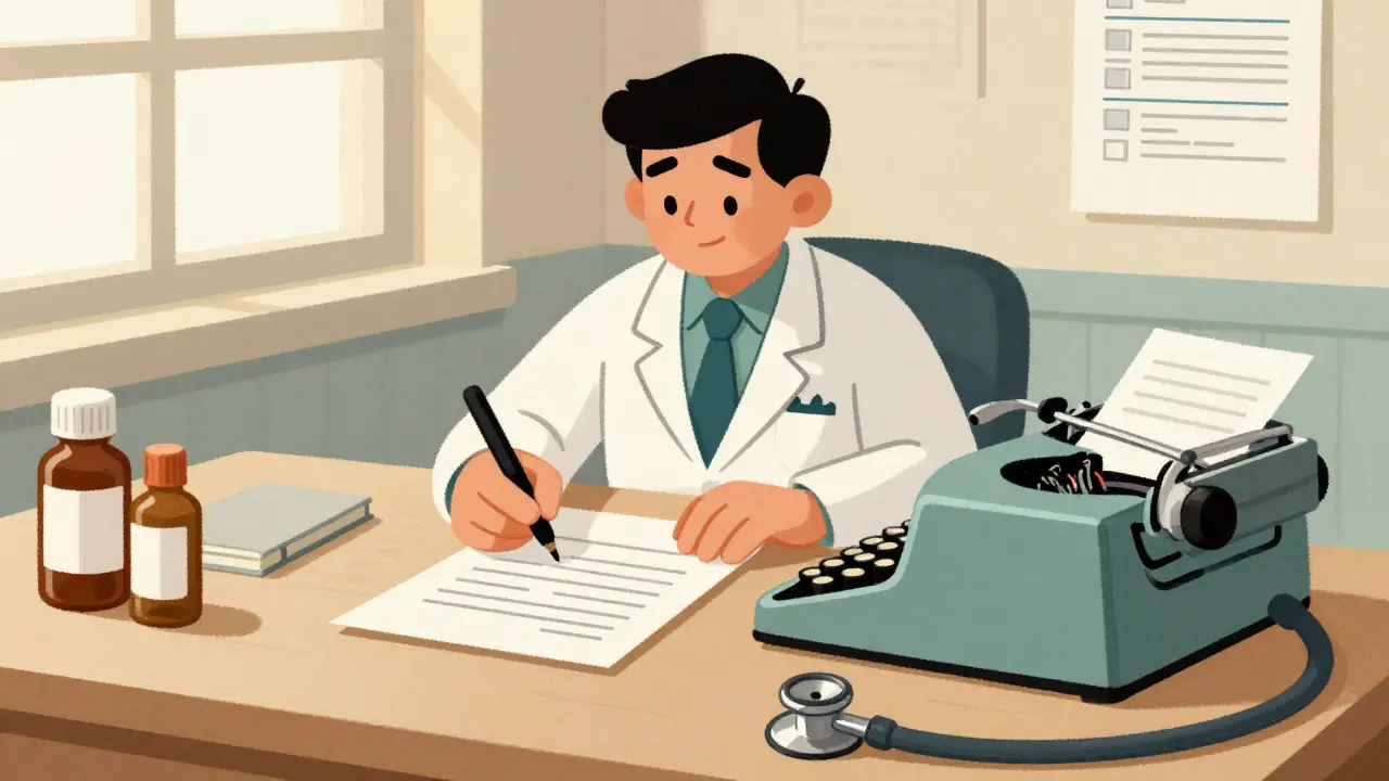 Doctor writing appeal letter with medical records on vintage desk