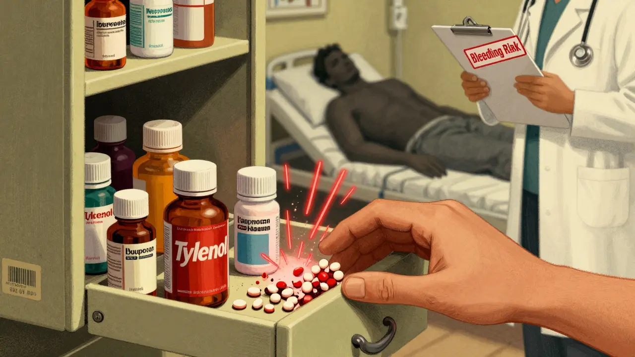 Medicine cabinet with NSAIDs crumbling into dust as Tylenol is chosen, shadowy hospital scene in background.