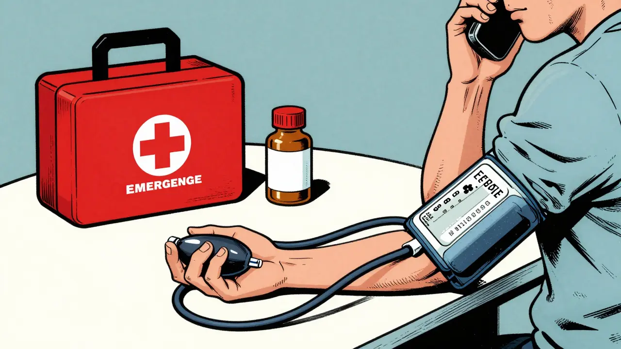 Person checking blood pressure with emergency medication kit