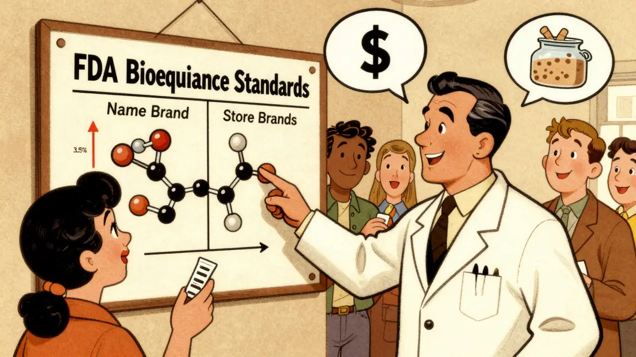 Pharmacist explaining FDA bioequivalence standards with molecular diagrams and satisfied patients.