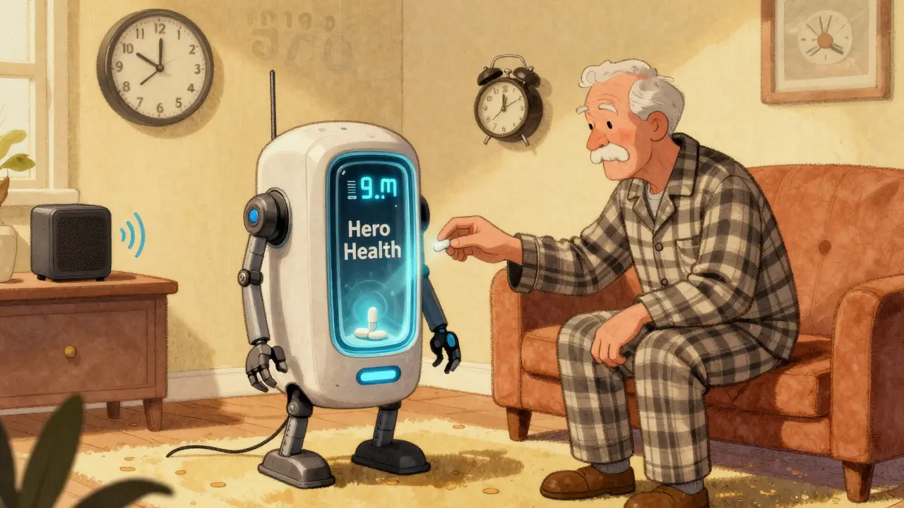 Robotic pill dispenser releasing a pill at 9 a.m. beside an older man and analog clocks.