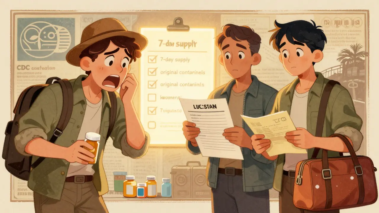Split scene: panicked traveler with empty pills vs. prepared traveler with printed list and extra refills.