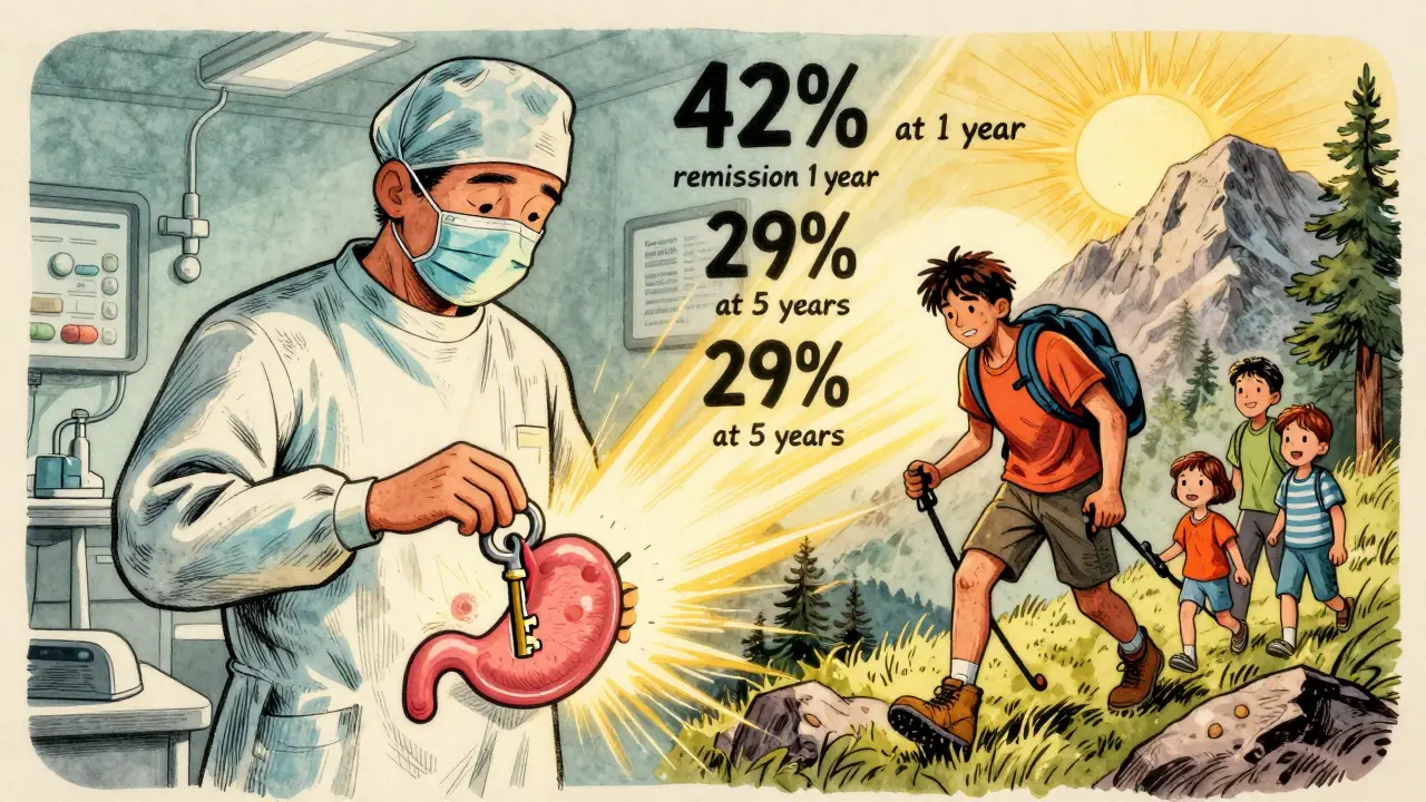 Surgeon unlocking a stomach-shaped lock, patient transforming into a hiker with medical data floating nearby.