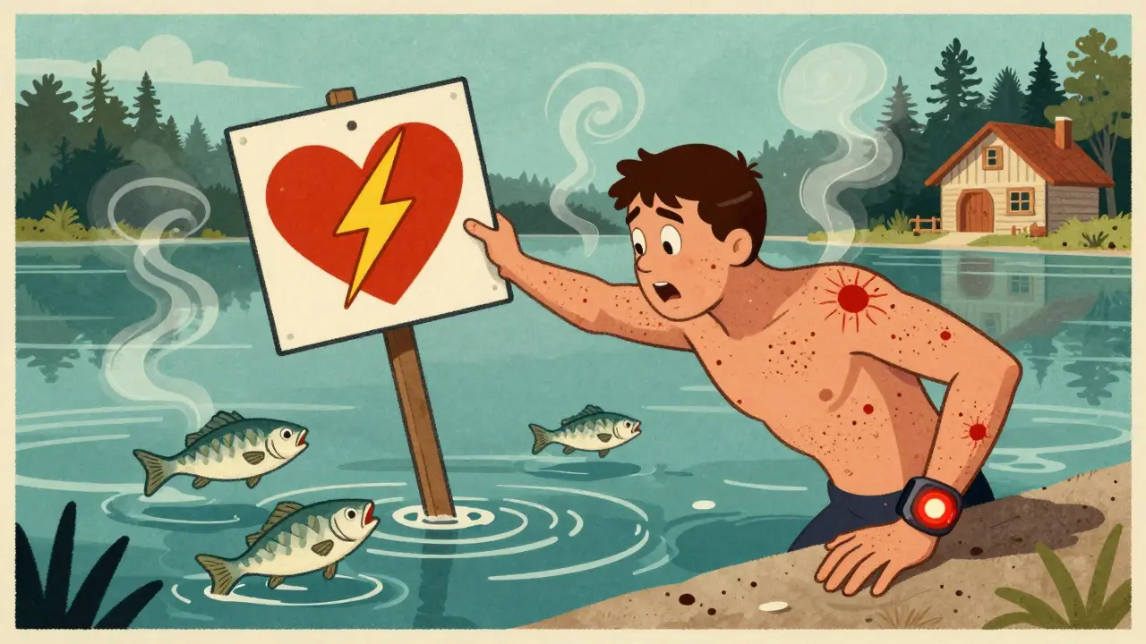 Swimmer testing water with one hand while hives bloom across body, wearing a cold sensor that flashes red.