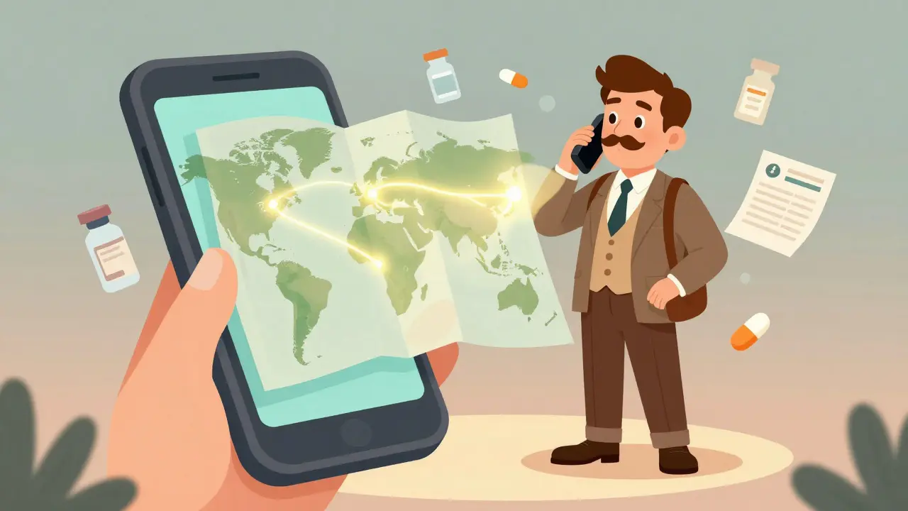 Traveler on a phone call with a cartoon insurance agent, surrounded by global medication pathways and icons.