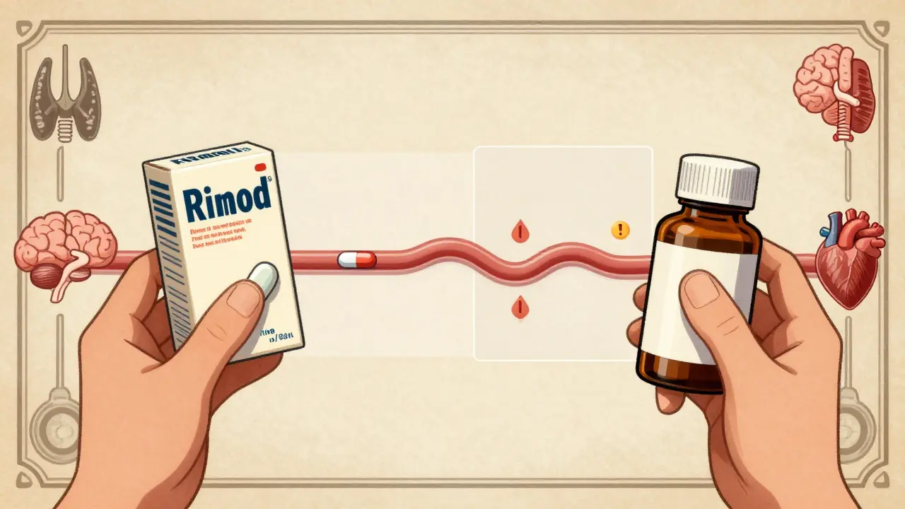 Two generic and brand-name pills with translucent bloodstream paths showing absorption differences near key organs.