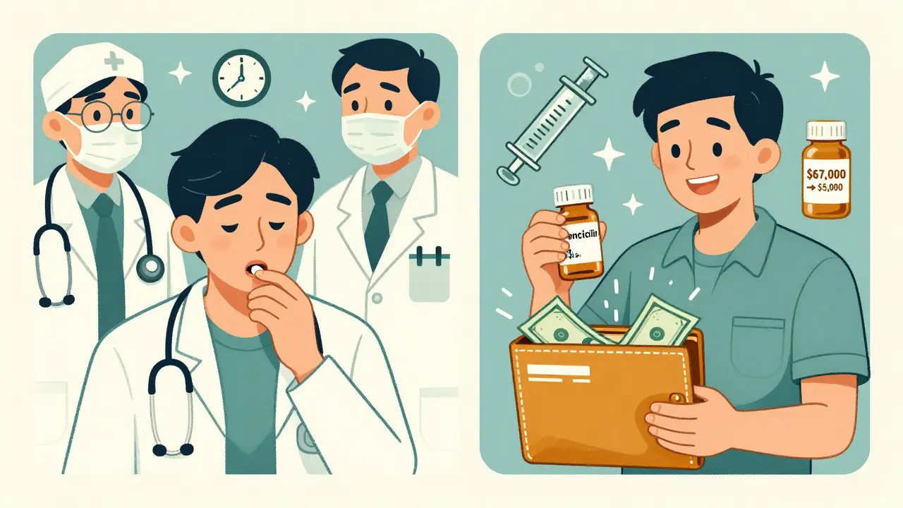 A person switching from an expensive antibiotic to penicillin, with cost savings shown visually.