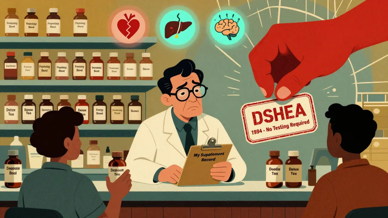 A pharmacist at a pharmacy counter overwhelmed by unlabeled supplement bottles with glowing danger symbols.
