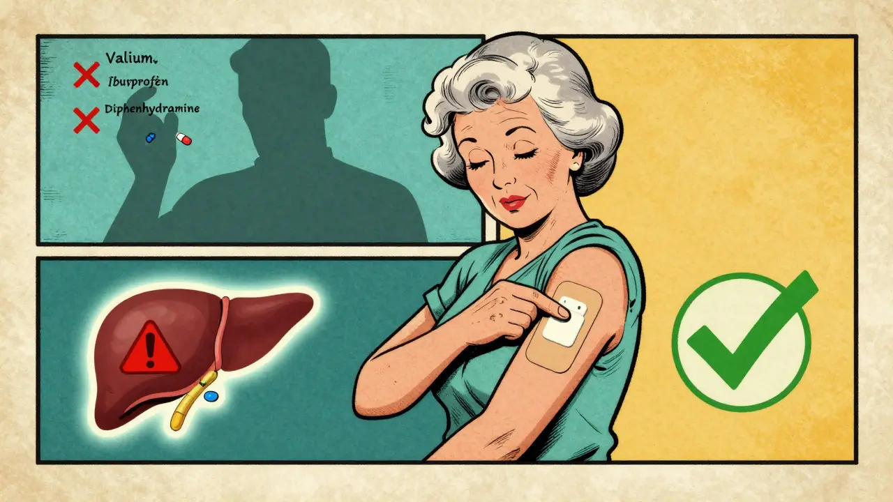 A woman applies a patch while contrast shows safer drug metabolism versus risky oral pills.