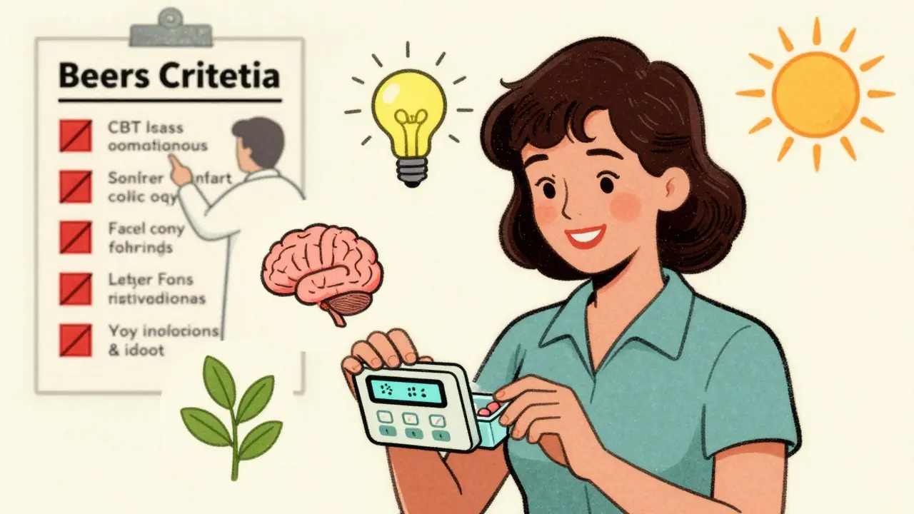 A woman uses a pill organizer with health alternatives like therapy and plants floating nearby.