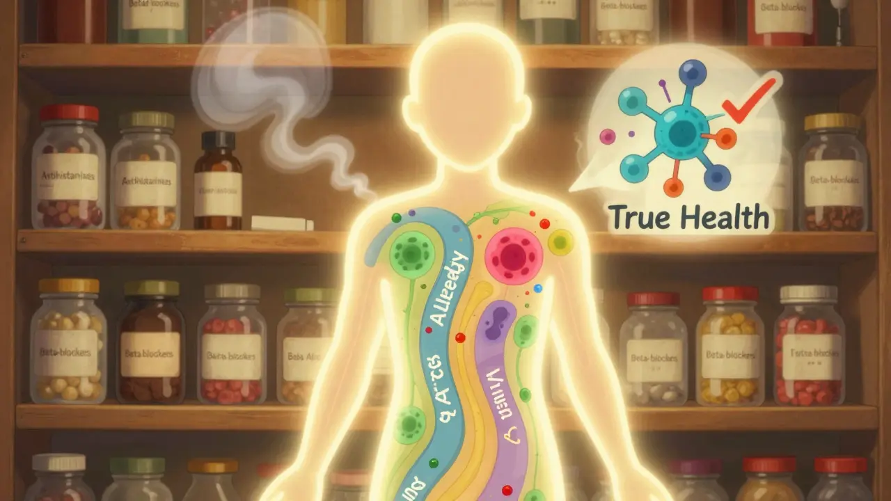 An abstract human figure with fading false allergy pathways and a blooming penicillin symbol.