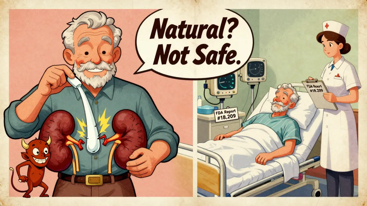 An elderly man taking vitamin D pills while his kidneys crack, shown in a split-panel 1940s-style medical poster.