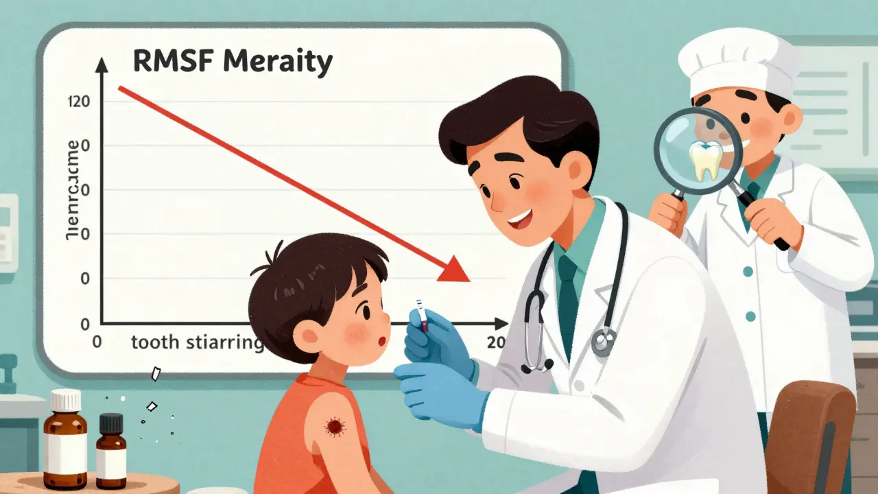 Doctor giving doxycycline to a child with tick bite, while a graph shows falling death rates and zero tooth staining in background.