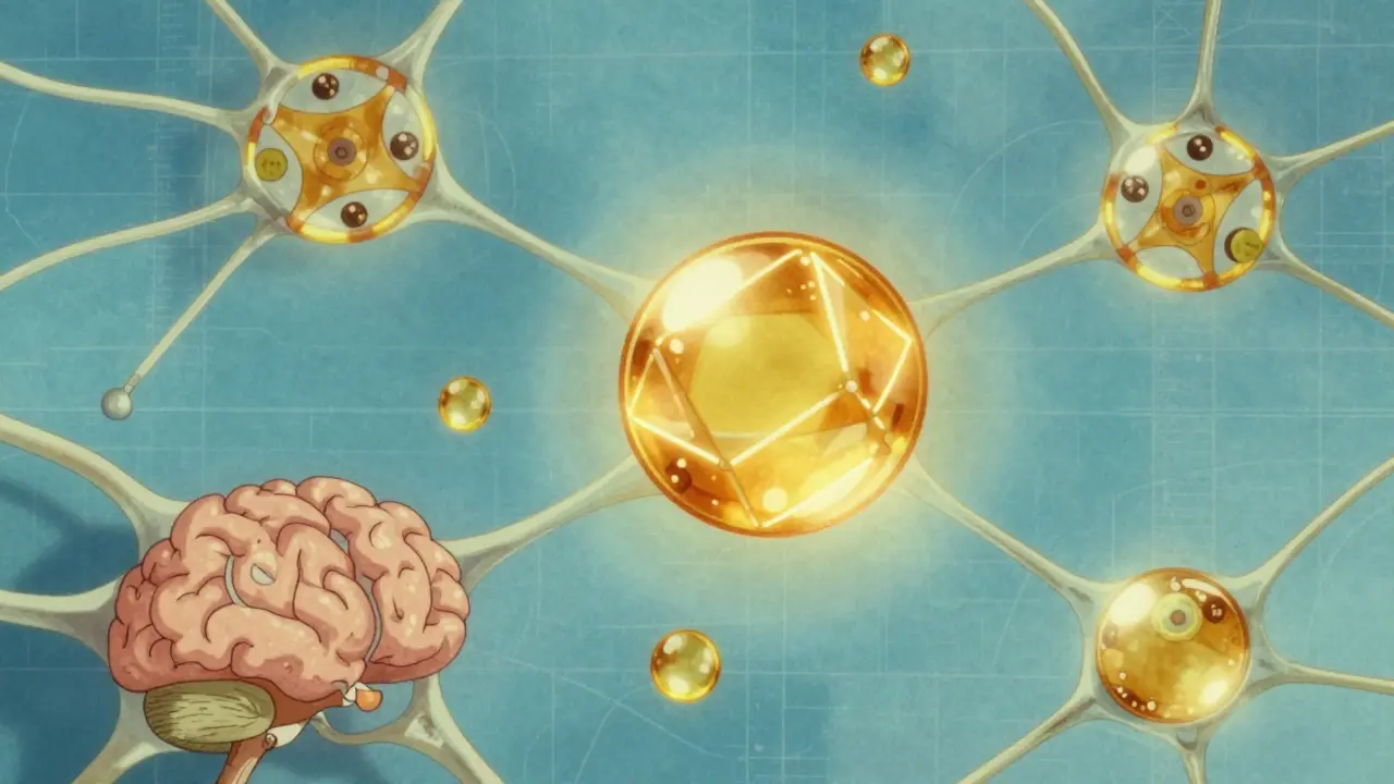 Illustrated diagram showing oil molecules interacting with brain neurons and pathways.